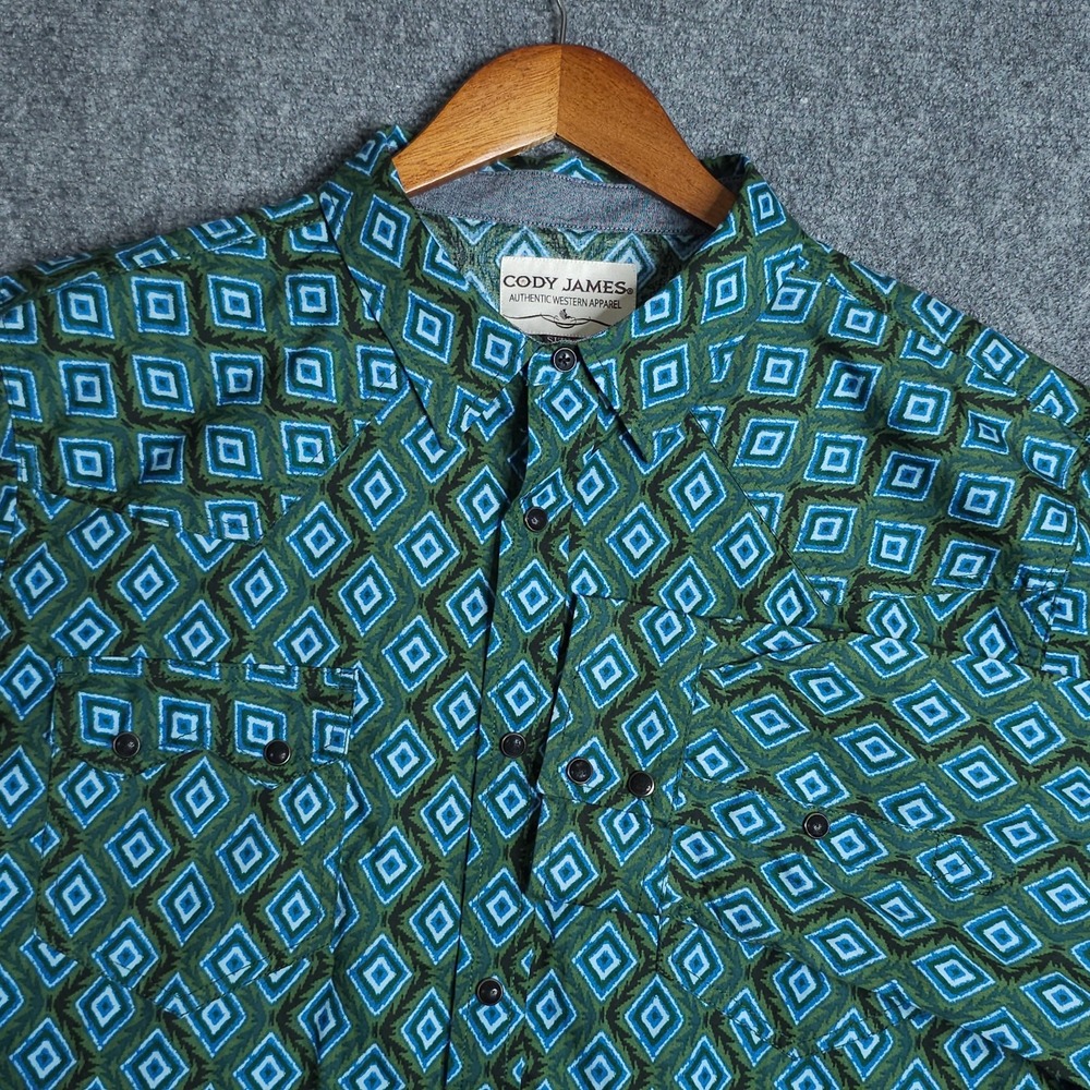 Cody James Pearl Snap Shirt Mens 2XL Long Sleeve Geometric Green Blue Western